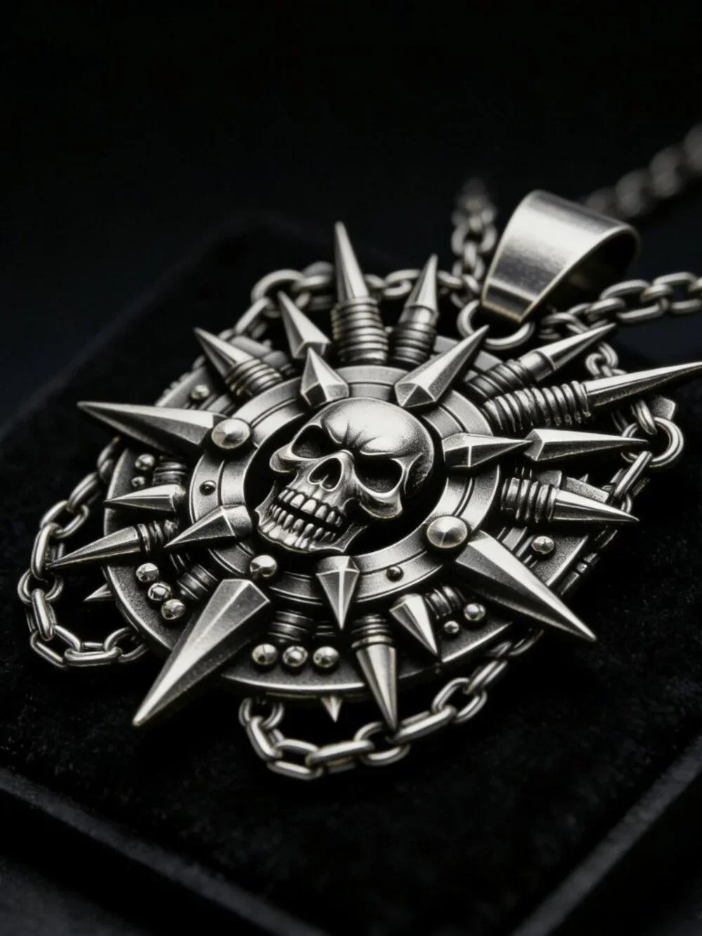 Mens stainless steel spiked skull pendant necklace gothic